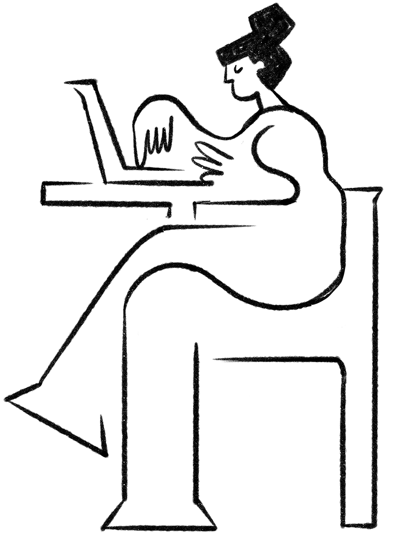 Illustrated person sitting at a desk typing on a laptop