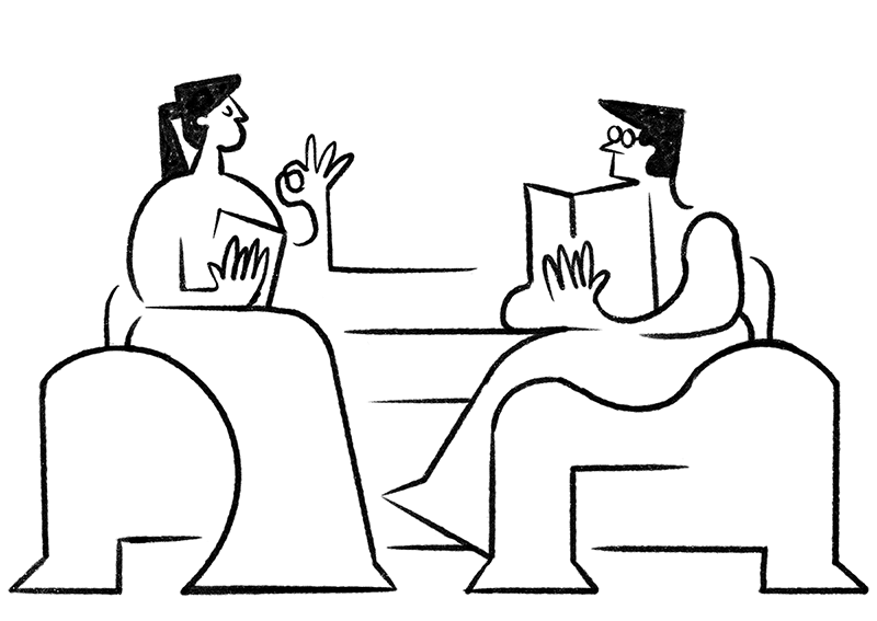 Two illustrated people sitting on a sofa